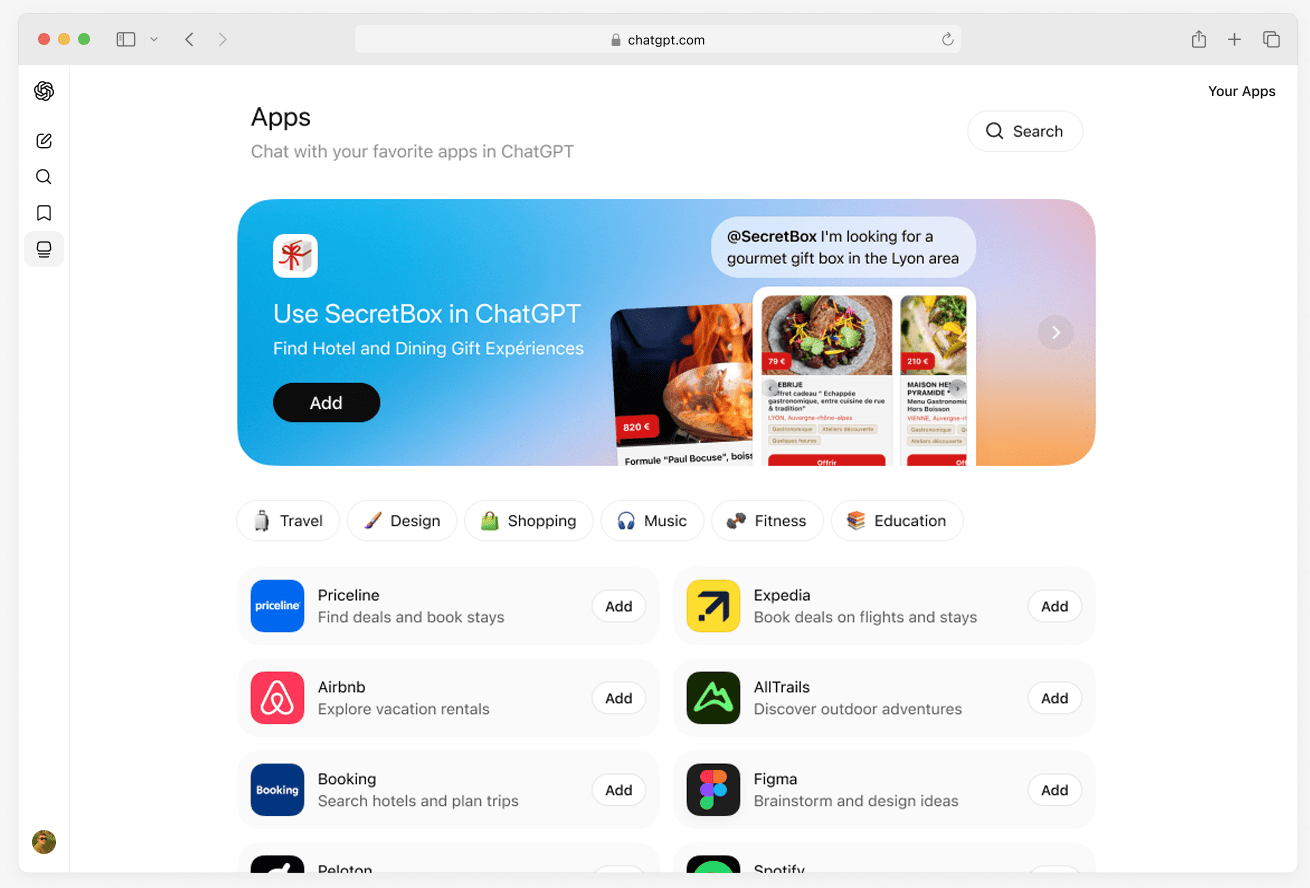 Le répertoire d'applications de ChatGPT avec SecretBox et son bouton Ajouter
