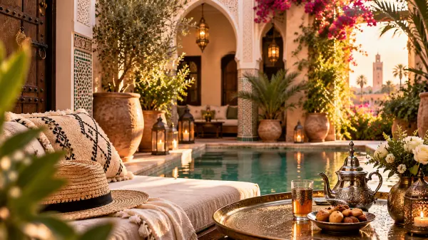Hôtel avec spa au Maroc : patio de riad avec piscine, lanternes et bougainvilliers, minaret en toile de fond à Marrakech