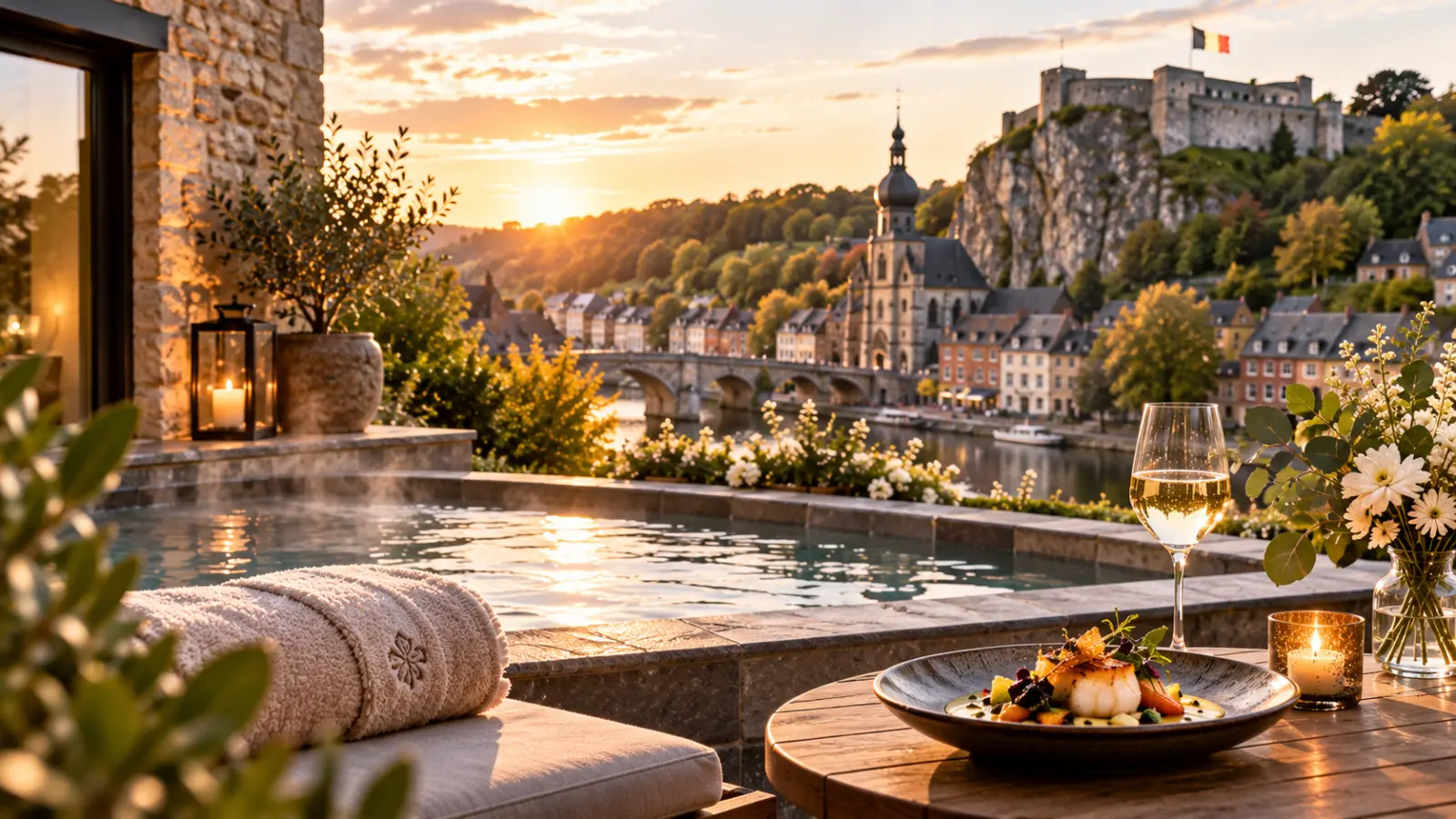 Hôtel avec spa en Belgique : bain à remous sur une terrasse au coucher du soleil, face à la Meuse et à la citadelle de Dinant