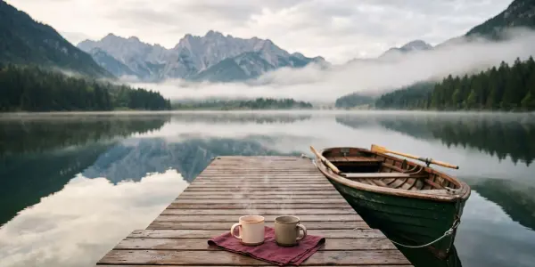 Rives paisibles d'un lac de montagne au lever du jour