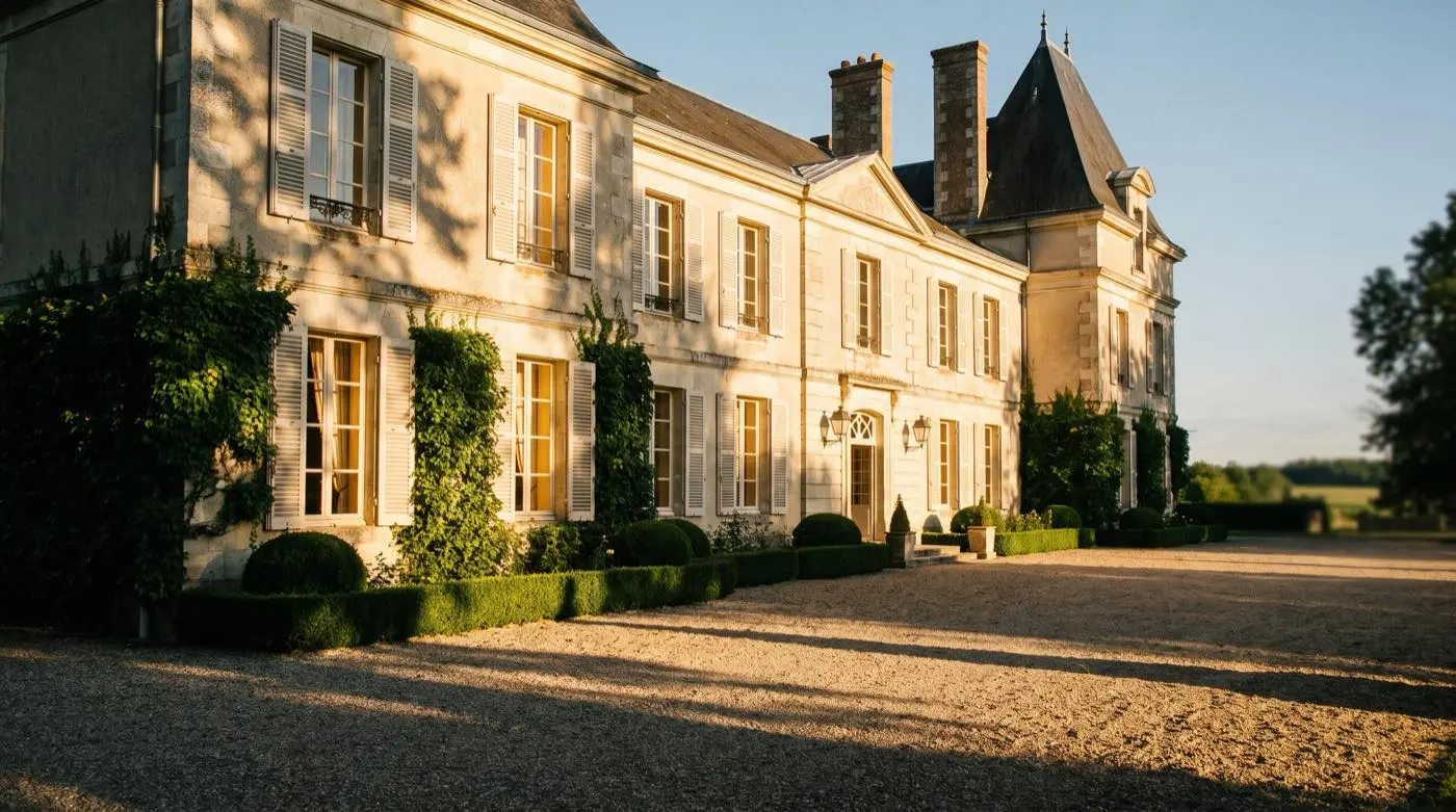 Façade élégante d'une maison d'exception au coucher du soleil