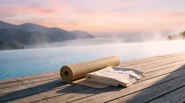 Piscine de spa à débordement face à un paysage naturel