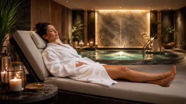 Personne détendue en peignoir sur un transat de spa