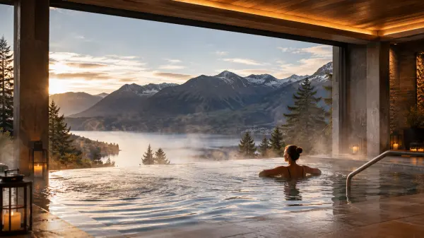 Bassin de spa spectaculaire ouvert sur un grand paysage